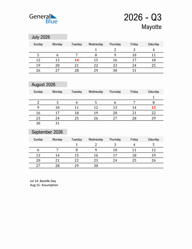 Mayotte Quarter 3 2026 Calendar with Holidays