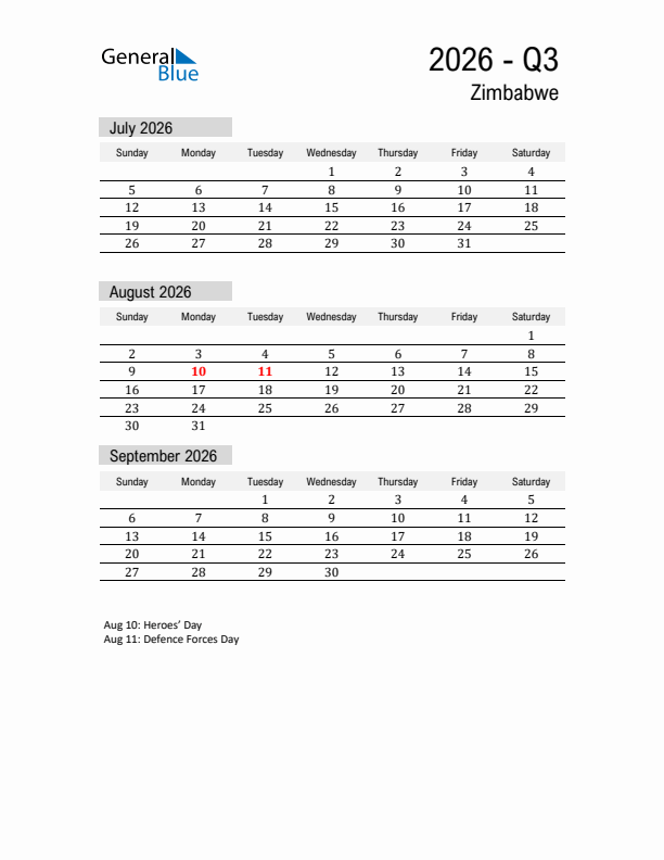 Zimbabwe Quarter 3 2026 Calendar with Holidays