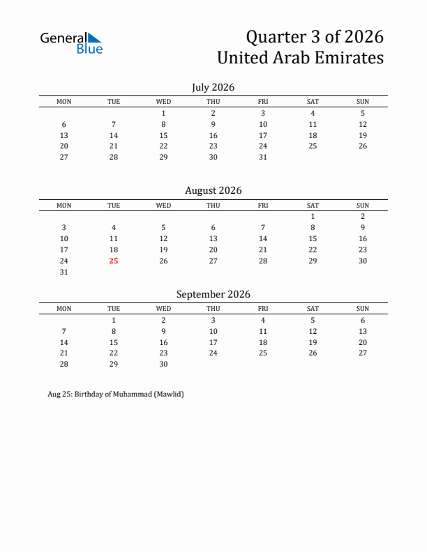 Quarter 3 2026 United Arab Emirates Quarterly Calendar