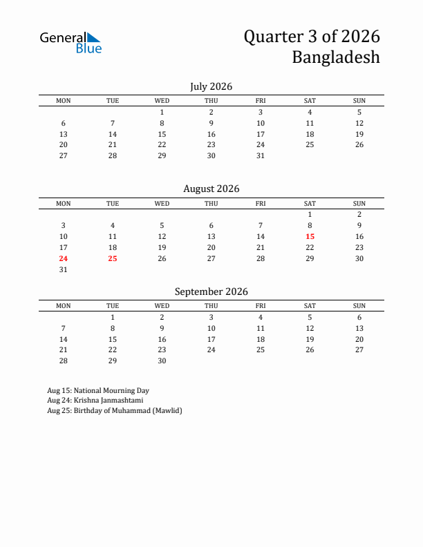 Quarter 3 2026 Bangladesh Quarterly Calendar