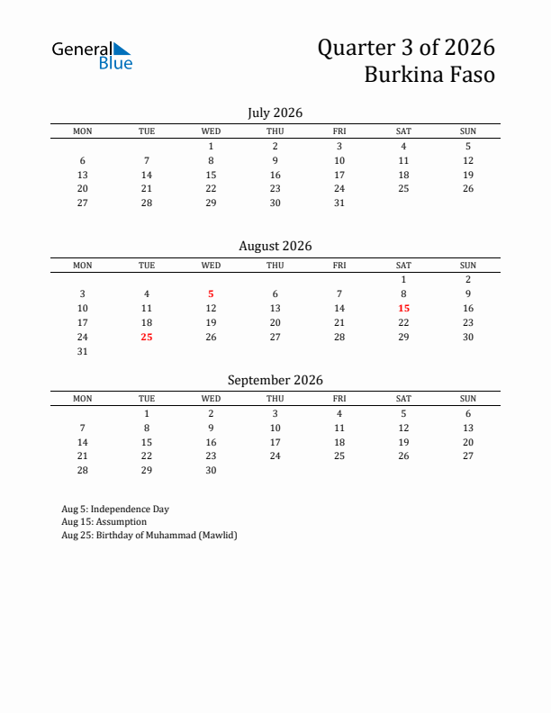 Quarter 3 2026 Burkina Faso Quarterly Calendar