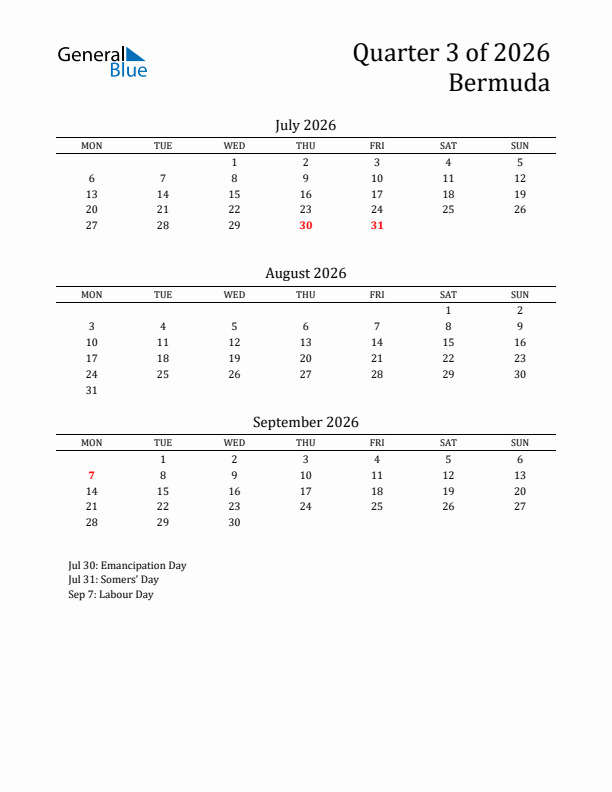 Quarter 3 2026 Bermuda Quarterly Calendar