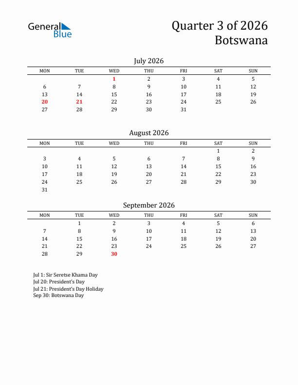 Quarter 3 2026 Botswana Quarterly Calendar