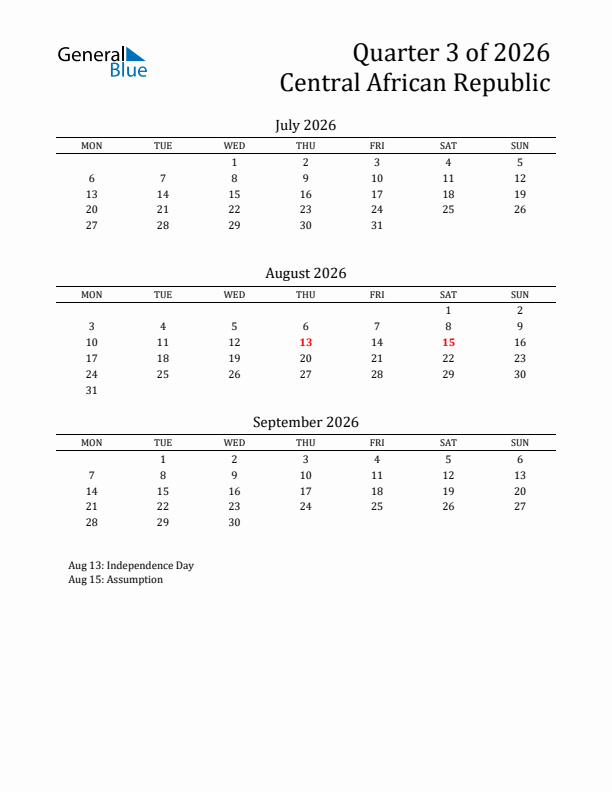 Quarter 3 2026 Central African Republic Quarterly Calendar