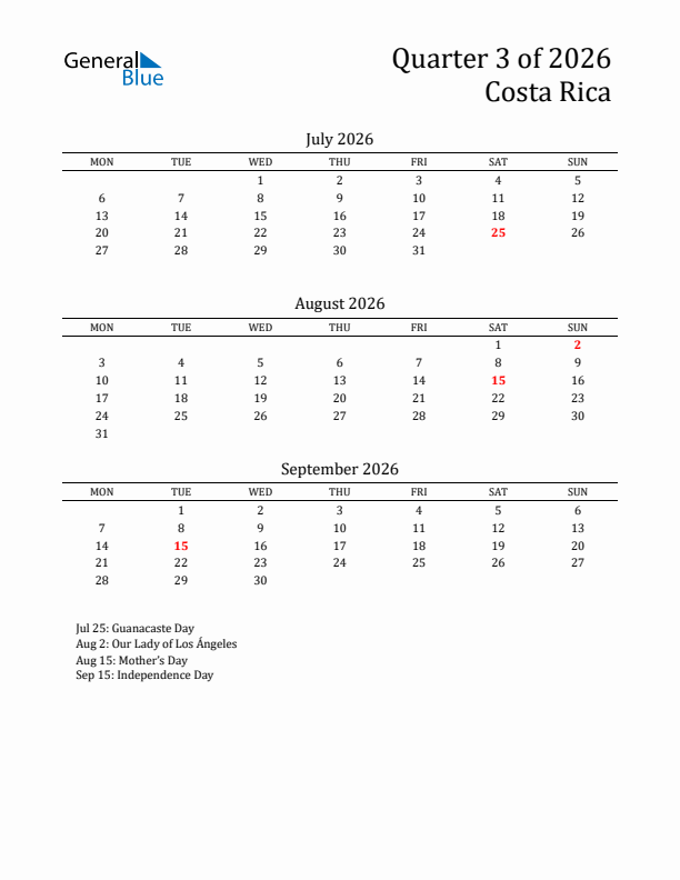 Quarter 3 2026 Costa Rica Quarterly Calendar