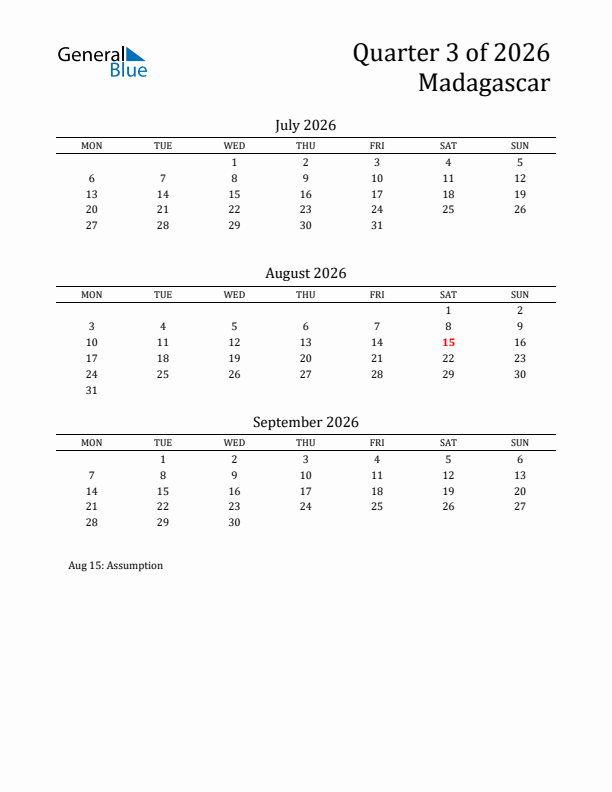 Quarter 3 2026 Madagascar Quarterly Calendar