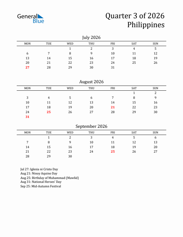 Quarter 3 2026 Philippines Quarterly Calendar