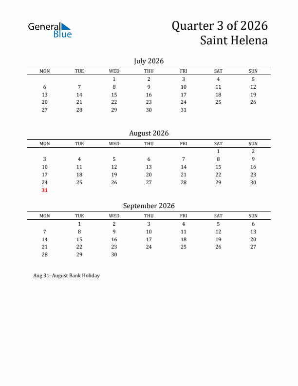 Quarter 3 2026 Saint Helena Quarterly Calendar