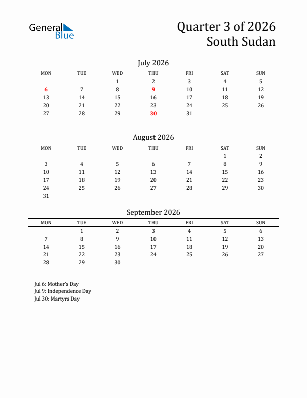 Quarter 3 2026 South Sudan Quarterly Calendar