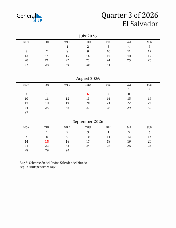 Quarter 3 2026 El Salvador Quarterly Calendar