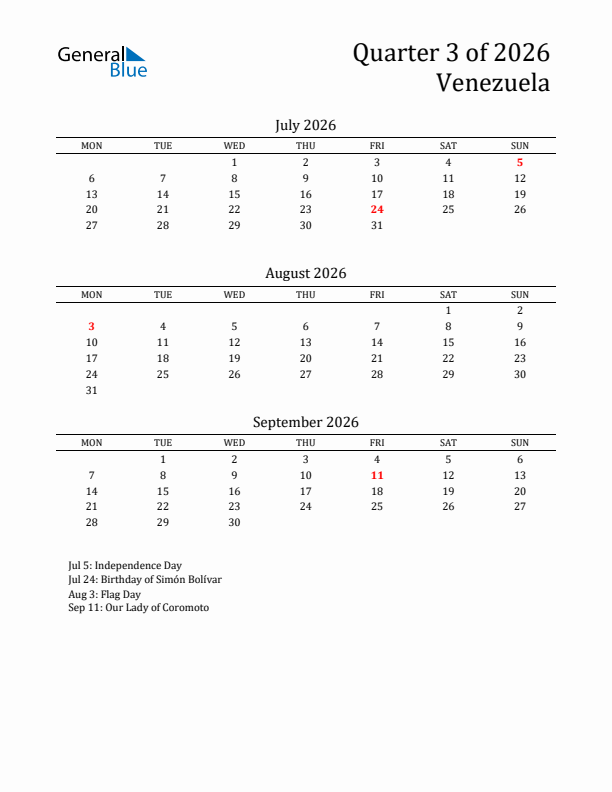 Quarter 3 2026 Venezuela Quarterly Calendar