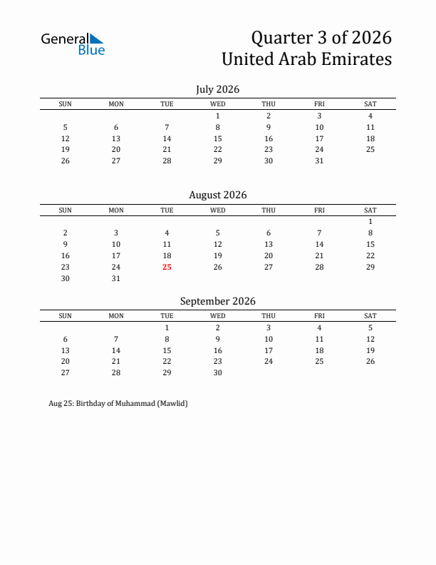 Quarter 3 2026 United Arab Emirates Quarterly Calendar