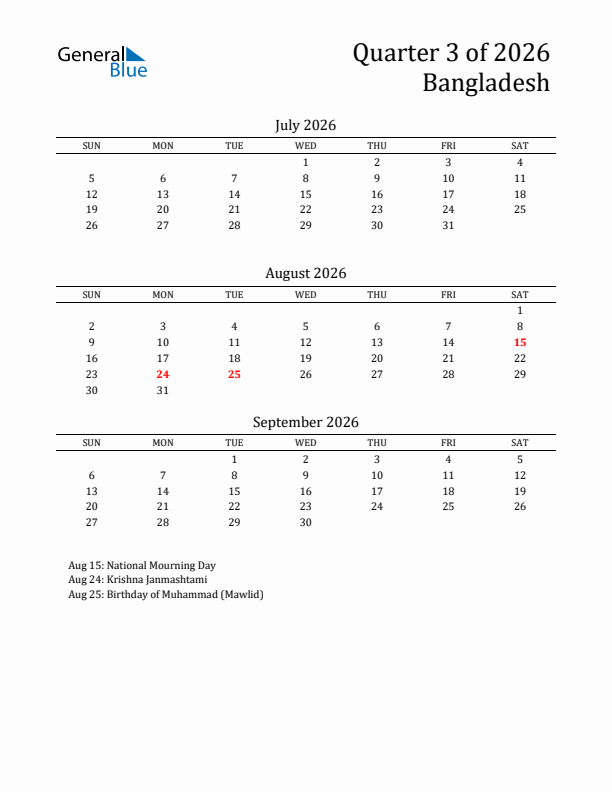 Quarter 3 2026 Bangladesh Quarterly Calendar