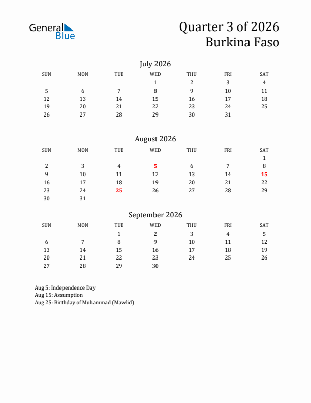 Quarter 3 2026 Burkina Faso Quarterly Calendar