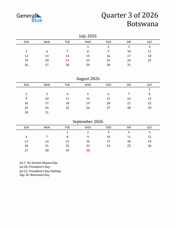 Quarter 3 2026 Botswana Quarterly Calendar