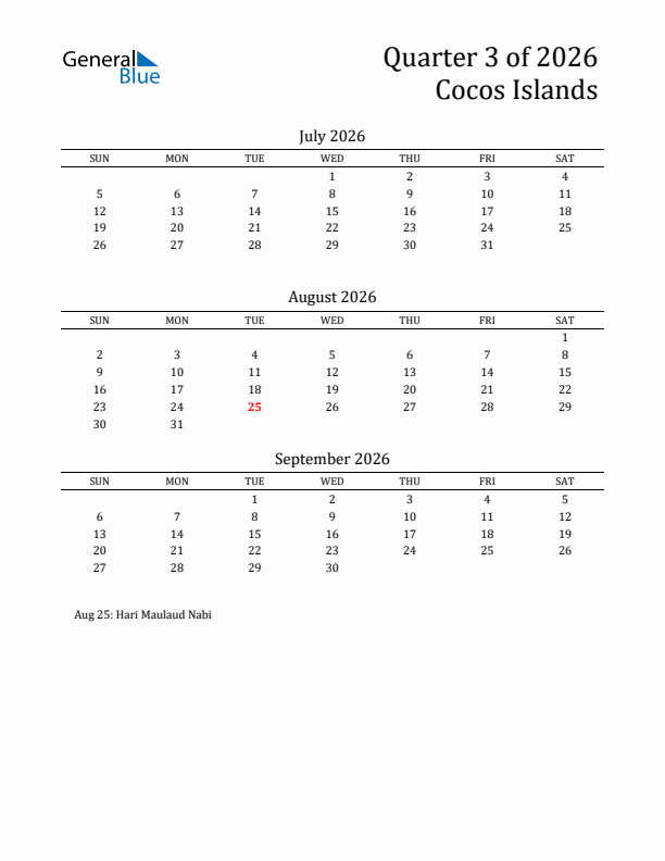 Quarter 3 2026 Cocos Islands Quarterly Calendar