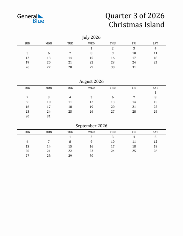 Quarter 3 2026 Christmas Island Quarterly Calendar