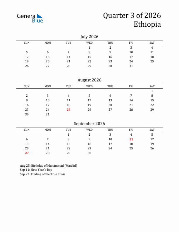 Quarter 3 2026 Ethiopia Quarterly Calendar