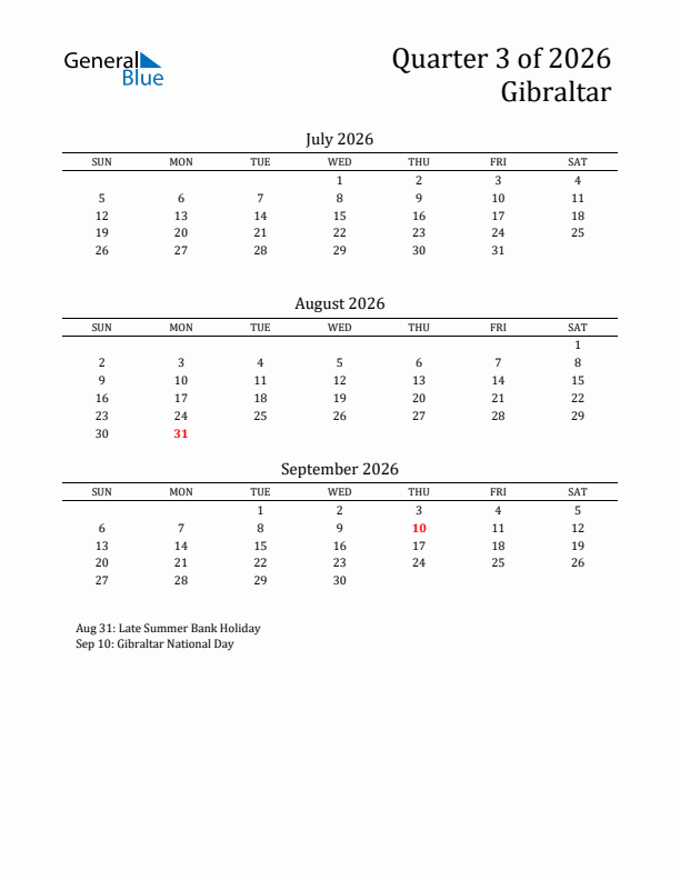 Quarter 3 2026 Gibraltar Quarterly Calendar