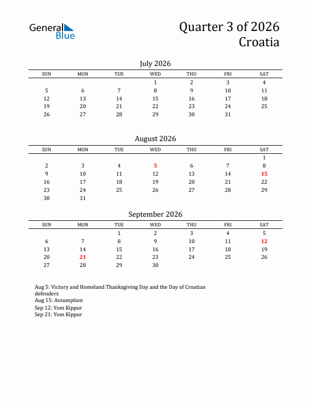 Quarter 3 2026 Croatia Quarterly Calendar