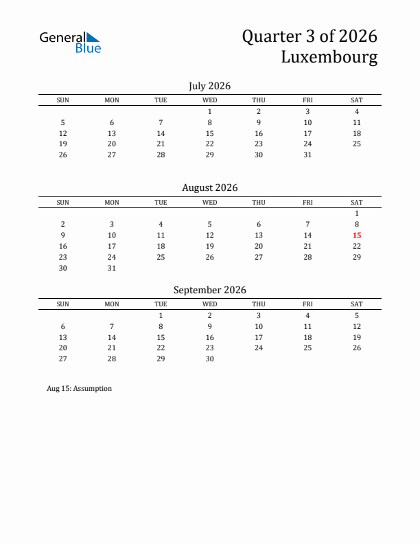 Quarter 3 2026 Luxembourg Quarterly Calendar