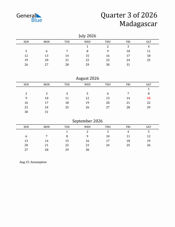 Quarter 3 2026 Madagascar Quarterly Calendar