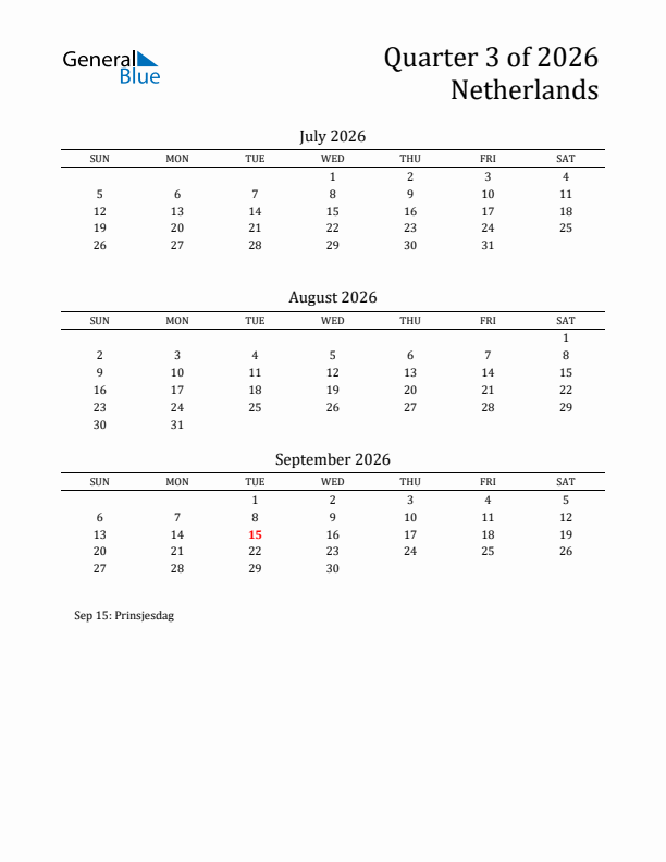 Quarter 3 2026 The Netherlands Quarterly Calendar