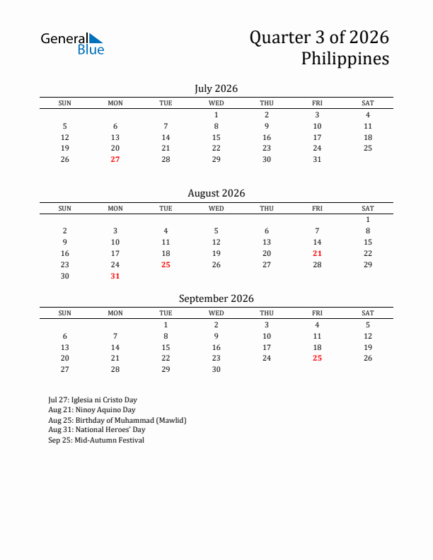 Quarter 3 2026 Philippines Quarterly Calendar