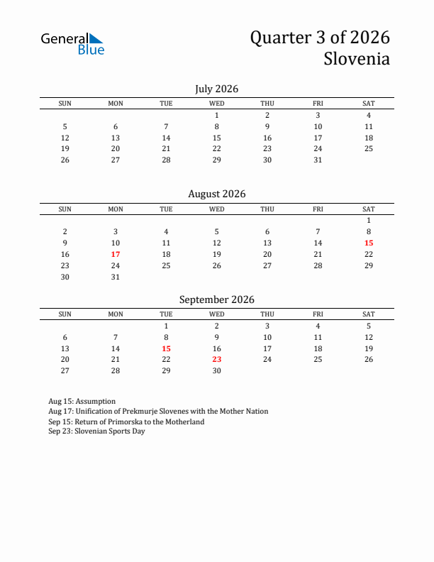 Quarter 3 2026 Slovenia Quarterly Calendar