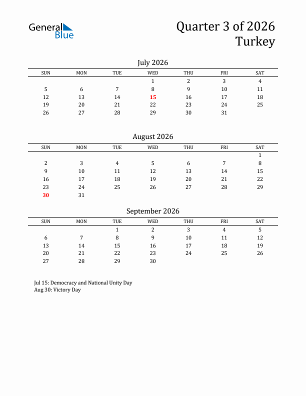 Quarter 3 2026 Turkey Quarterly Calendar