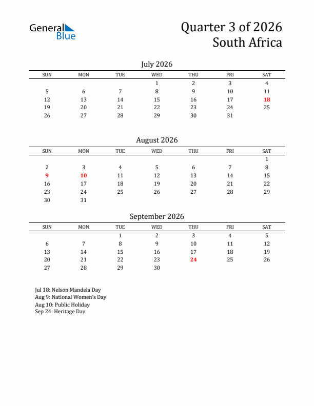 Quarter 3 2026 South Africa Quarterly Calendar