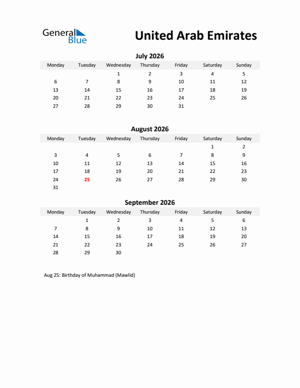 Printable Quarterly Calendar with Notes and United Arab Emirates Holidays- Q3 of 2026