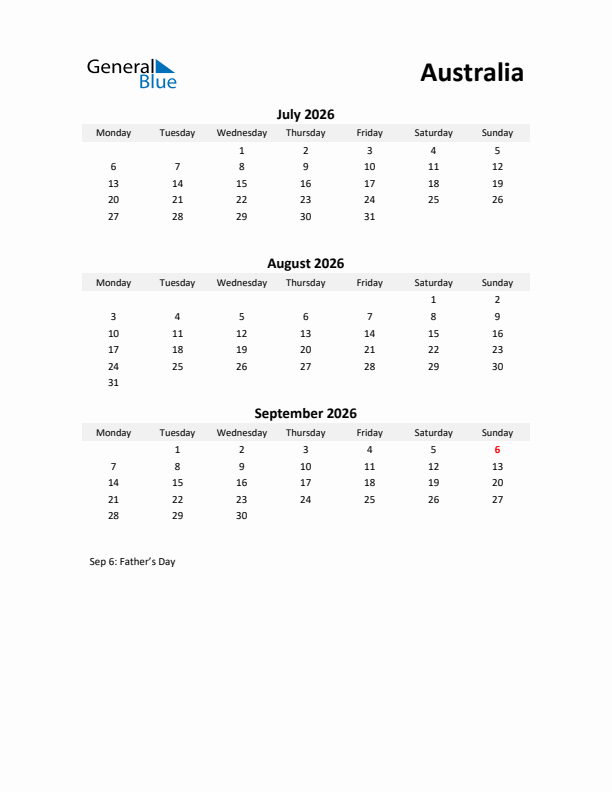 Printable Quarterly Calendar with Notes and Australia Holidays- Q3 of 2026