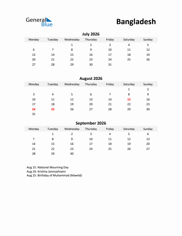 Printable Quarterly Calendar with Notes and Bangladesh Holidays- Q3 of 2026