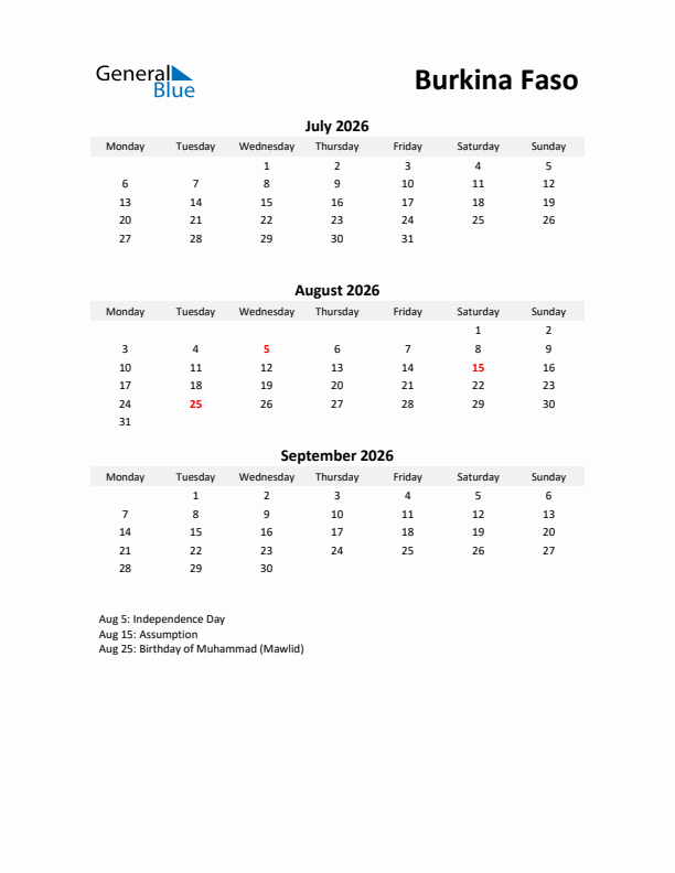 Printable Quarterly Calendar with Notes and Burkina Faso Holidays- Q3 of 2026