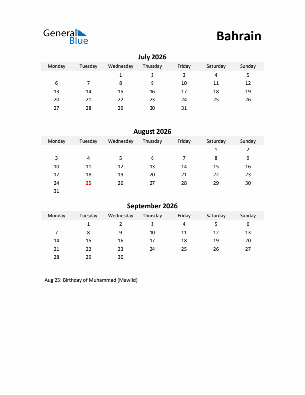 Printable Quarterly Calendar with Notes and Bahrain Holidays- Q3 of 2026