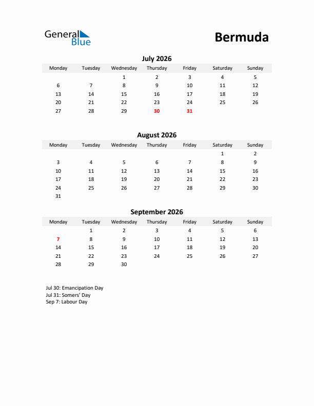 Printable Quarterly Calendar with Notes and Bermuda Holidays- Q3 of 2026