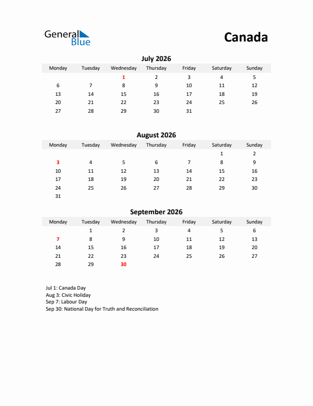 Printable Quarterly Calendar with Notes and Canada Holidays- Q3 of 2026