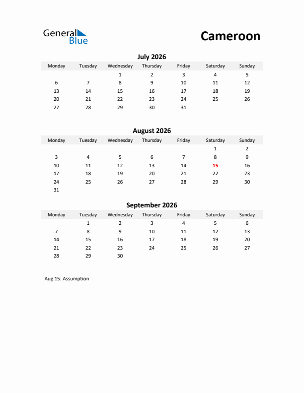 Printable Quarterly Calendar with Notes and Cameroon Holidays- Q3 of 2026