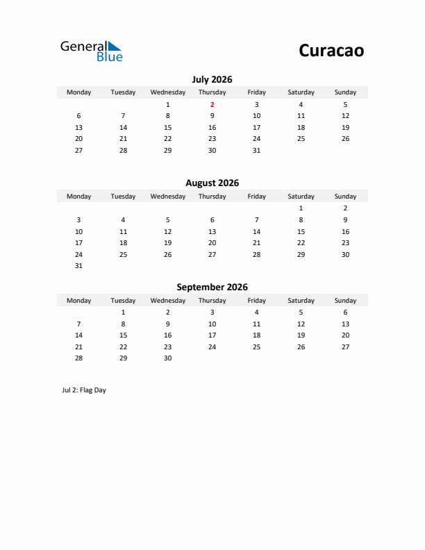 Printable Quarterly Calendar with Notes and Curacao Holidays- Q3 of 2026