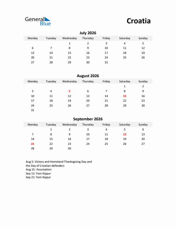 Printable Quarterly Calendar with Notes and Croatia Holidays- Q3 of 2026