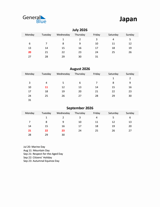 Printable Quarterly Calendar with Notes and Japan Holidays- Q3 of 2026