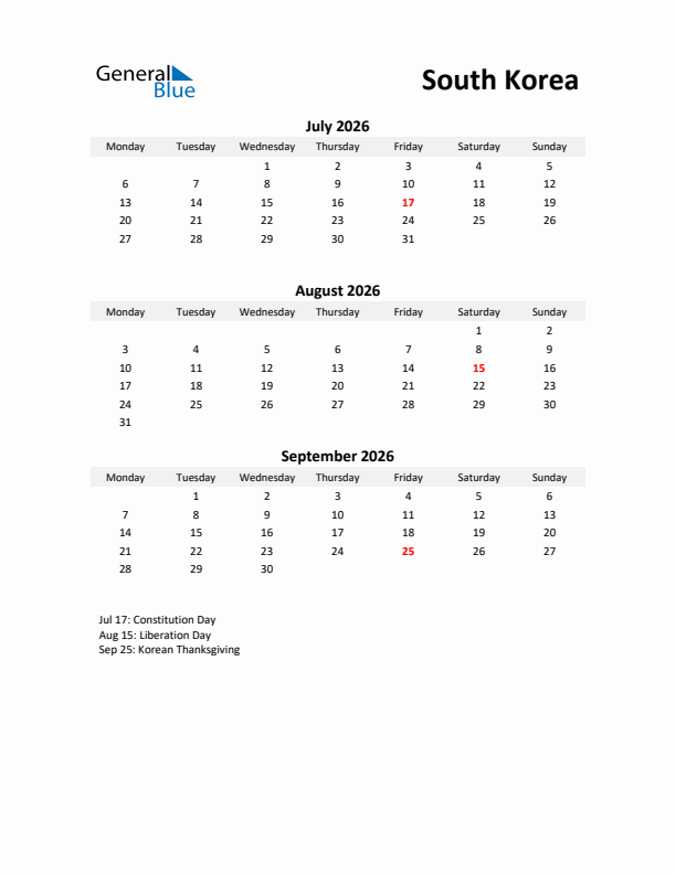 Printable Quarterly Calendar with Notes and South Korea Holidays- Q3 of 2026