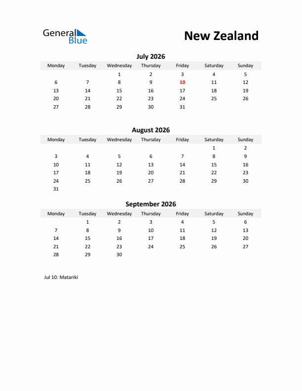 Printable Quarterly Calendar with Notes and New Zealand Holidays- Q3 of 2026