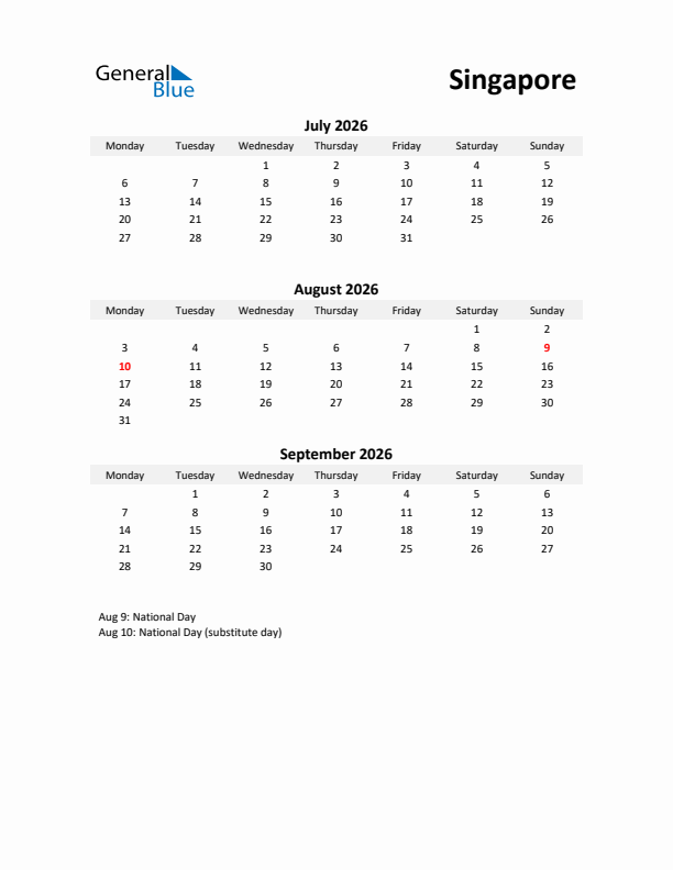 Printable Quarterly Calendar with Notes and Singapore Holidays- Q3 of 2026