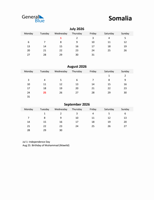 Printable Quarterly Calendar with Notes and Somalia Holidays- Q3 of 2026