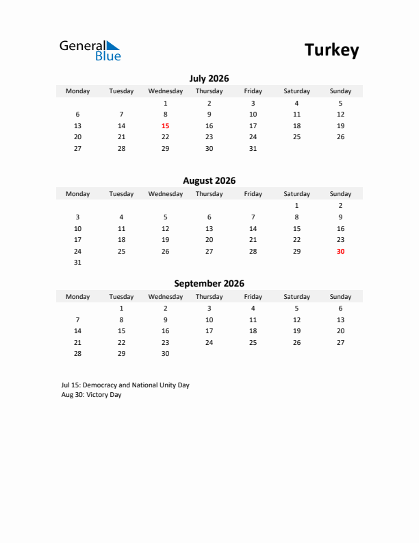 Printable Quarterly Calendar with Notes and Turkey Holidays- Q3 of 2026