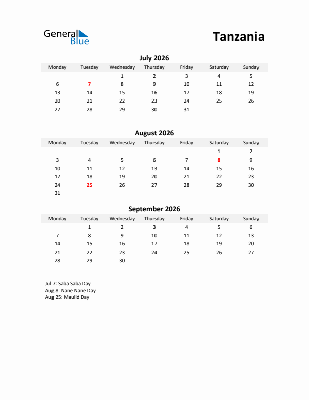 Printable Quarterly Calendar with Notes and Tanzania Holidays- Q3 of 2026