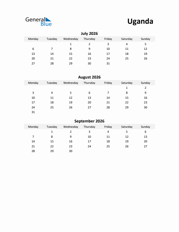 Printable Quarterly Calendar with Notes and Uganda Holidays- Q3 of 2026