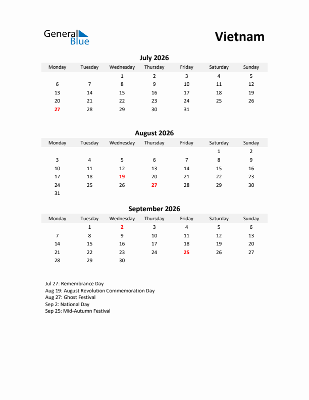 Printable Quarterly Calendar with Notes and Vietnam Holidays- Q3 of 2026